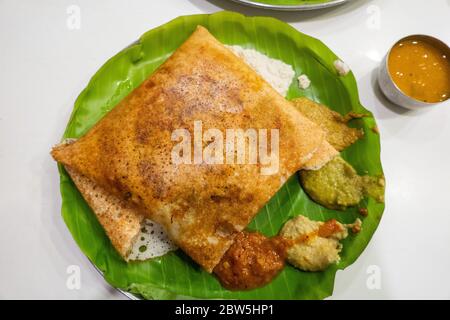 Une mince dose pliée servie sur une feuille avec chutney, sauces et sambar au Kerala, Inde Banque D'Images