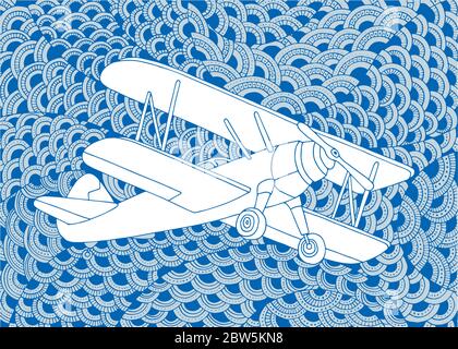 Biplan. Illustration vectorielle dessinée à la main par l'avion. Dessin d'un petit avion sur un arrière-plan en bord de coolé. Illustration de Vecteur