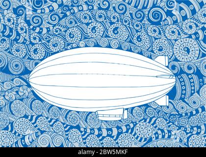 Navire. Illustration vectorielle dessinée à la main, dirigable. Dessin d'un avion sur un arrière-plan en bord de mer. Illustration de Vecteur