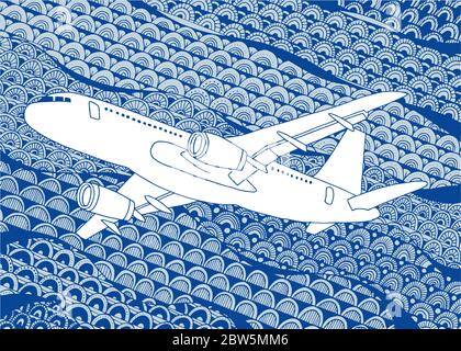 Avion. Illustration vectorielle dessinée à la main par l'avion. Dessin d'esquisse plane sur un arrière-plan en retrait. Illustration de Vecteur