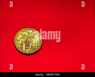 Face avant de pièce de monnaie en dollars australiens isolée sur fond rouge avec flou doux et espace pour le texte de copie. Une pièce de 1 dollar 1995 monnaie australienne. Anciennes pièces Banque D'Images