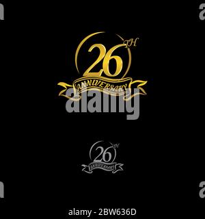 Célébrant le 26ème anniversaire du logo, avec des anneaux dorés et des rubans de gradation isolés sur fond noir.EPS 10 Illustration de Vecteur