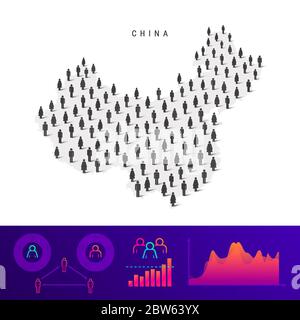 Carte des icônes des Chinois. Silhouette vectorielle détaillée. Foule mixte d'hommes et de femmes. Infographies de la population. Illustration vectorielle isolée. Illustration de Vecteur