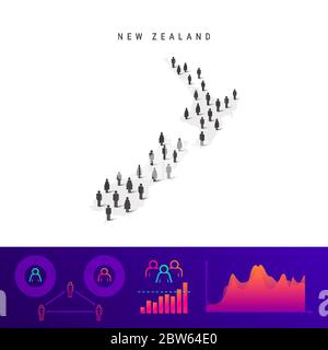 Carte des icônes de la Nouvelle-Zélande. Silhouette vectorielle détaillée. Foule mixte d'hommes et de femmes. Infographies de la population. Illustration vectorielle isolée. Illustration de Vecteur