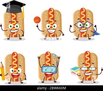 Élève d'école de personnage de dessin animé de hot dog avec diverses expressions Illustration de Vecteur