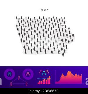 Carte des habitants de l'Iowa. Silhouette vectorielle détaillée. Une foule mixte d'icônes hommes et femmes. Éléments graphiques de la population. Illustration vectorielle isolée sur le blanc Illustration de Vecteur