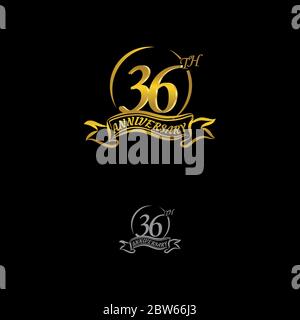 Célébrez le 36e anniversaire de mariage avec des anneaux dorés et des rubans de gradation isolés sur fond noir.EPS 10 Illustration de Vecteur