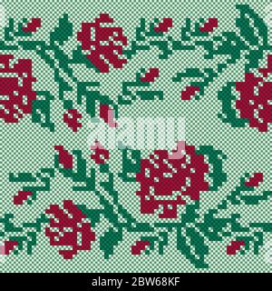 Broderie ukrainienne ethnique dans des teintes vertes et rouges sur fond clair, illustration vectorielle simple et sans couture Illustration de Vecteur