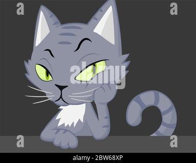 Chat gris assis à la table, dessin animé caractère couleur vecteur illustration, horizontal Illustration de Vecteur