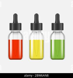 Bouteilles réaliste des maquettes avec des goûts pour une cigarette électronique avec différentes saveurs de fruits. Flacon compte-gouttes de liquide pour Vape. Vector Illustration de Vecteur