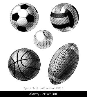 Sport ball collection main dessiner style vinatge noir et blanc clip art isolé sur fond blanc Illustration de Vecteur