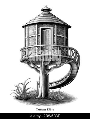 Illustration de la gravure antique de Treehouse dessin de style vintage noir et blanc clip art isolé sur fond blanc Illustration de Vecteur