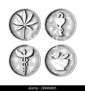 Symbole médical, pharmaceutique et cannabis dessin à la main en forme de pièce de style clipart noir et blanc isolé sur fond blanc Illustration de Vecteur