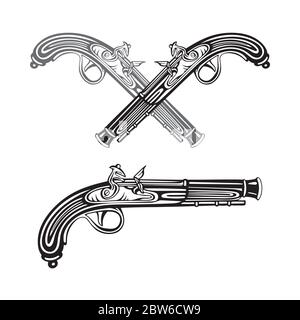 Ancien pistolet. Collection vintage flintlock pistolet illustrations vectorielles dessinées à la main. Dessin antique de style gravure. Partie de l'ensemble. Illustration de Vecteur