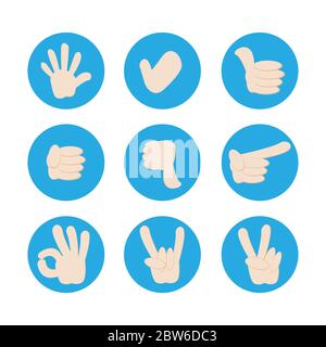Ensemble de vecteurs de mouvements de la main et du doigt. Illustration de dessin animé plat isolée sur fond blanc. Bloc de signalisation manuel. Illustration de Vecteur