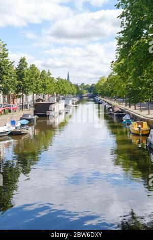 La Haye, pays-Bas - Mai 15 2020 : Canal avec réflexion de bateaux et d'arbres, rue remplie de voitures et de maisons à la Haye, pays-Bas Banque D'Images