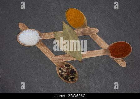 Quatre cuillères en bois avec poivre de couleur, curcuma moulu, paprika rose et sel épais avec feuille de Laurier sur une assiette en ardoise sombre Banque D'Images