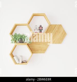 Livres, plantes et jouets à étagères Hexegon pour maquette d'espace de copie Banque D'Images