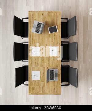 Vue de dessus de la salle de réunion vide avec chaises, table en bois, carnets et ordinateurs portables rendu 3d Banque D'Images