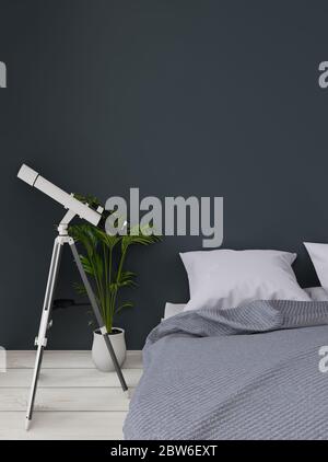 gros plan noir et vert foncé chambre moderne avec plante et télescope, maquette, espace de copie, rendu 3d Banque D'Images