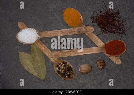 Quatre cuillères en bois avec poivre de couleur, curcuma moulu, poivre de rose et sel épais avec feuille de Laurier, muscade, piment et clous de girofle sur une assiette en ardoise sombre Banque D'Images