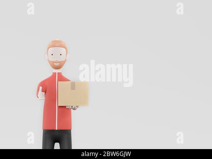 Liveur employé dans un uniforme de blouson rouge tenir une boîte en carton vide isolée sur fond blanc studio quarantaine Service virus pandémique coronavirus Banque D'Images