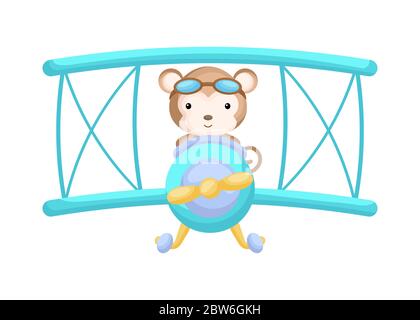 Un pilote de singe mignon portant des lunettes d'aviateur volant un avion. Élément graphique pour livre pour enfants, album, album, album, carte postale, jeu mobile. Illustration de Vecteur