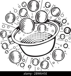 Lavage. Illustration de l'enlinet dessiné à la main du service de blanchisserie. Laver les vêtements dans le croquis du bassin. Concept de nettoyage et de ménage. Illustration de Vecteur