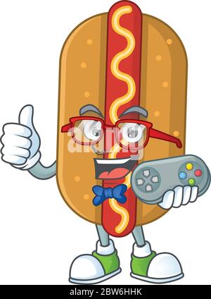 Dessin animé mascotte de hotdog jouer un jeu avec contrôleur Illustration de Vecteur