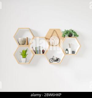 Etagère en bois hexagonale, style japonais minimaliste. Espace de copie hexegon, espace de copie. Banque D'Images