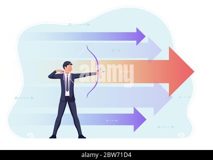 Homme d'affaires visant la cible avec un arc et une flèche. Vision d'entreprise et concept d'ambition. Illustration de Vecteur