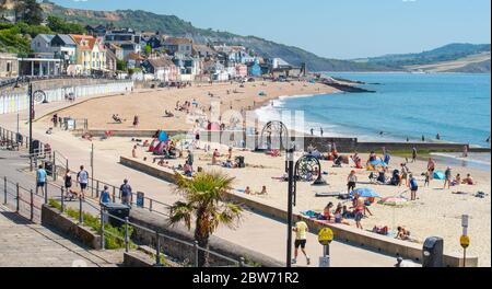 Lyme Regis, Dorset, Royaume-Uni. 30 mai 2020. Météo Royaume-Uni. Les amateurs de plage se rassemblent dans la ville balnéaire de Lyme Regis pour profiter d'un bain de soleil socialement distancé sur une autre journée chaude et ensoleillée. Les familles et les amis sont sur le point de profiter d'un soleil encore plus chaud et d'une chaleur qui se délecte alors que la vague de chaleur de mai se poursuit avec des températures qui montent le week-end le plus chaud de cette année. Crédit : Celia McMahon/Alay Live News Banque D'Images