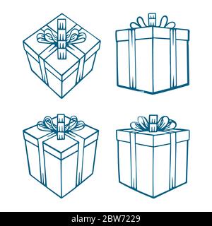 Boîte cadeau. Ensemble de boîtes-cadeaux vectorielles dessinées à la main. Dessin d'esquisse de boîte cadeau. Vue avant, latérale et supérieure des boîtes-cadeaux. Partie de l'ensemble. Illustration de Vecteur