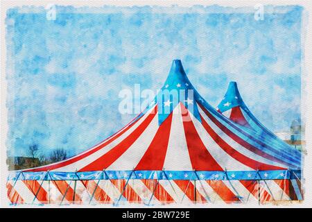 Tableau numérique aquarelle tente de cirque rouge et blanc surmontée d'une couverture bleu bleu clair avec des nuages Banque D'Images