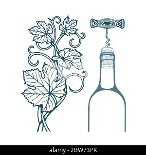 Illustration de la vigne et des feuilles de raisin dessinées à la main, de la tire-bouchon, du liège et de la bouteille de vin. Partie de l'ensemble. Illustration de Vecteur