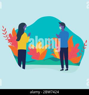 C'est une illustration plate de l'homme et de la femme portant des masques tout en saluant l'un l'autre tout en gardant leur distance au milieu de COVID-19. Illustration de Vecteur