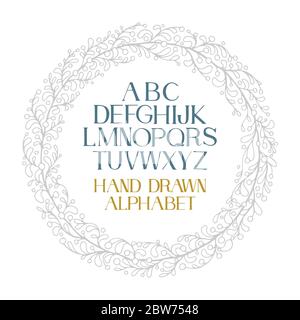 Couronne et alphabet floraux. Couronne de Laurier dessinée à la main et illustration vectorielle avec inscription manuscrée. Couronne fleurie avec feuilles. Illustration de Vecteur