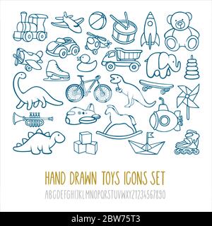 Collection de jouets. Jeu d'icônes de jouets dessinées à la main et alphabet lettrage à la main avec des chiffres. Partie de l'ensemble. Illustration de Vecteur
