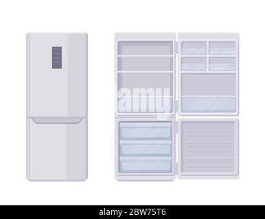 Modèle de réfrigérateur moderne ouvert et fermé. Réfrigérateur vide électronique élégant sans système de gel. Illustration de Vecteur