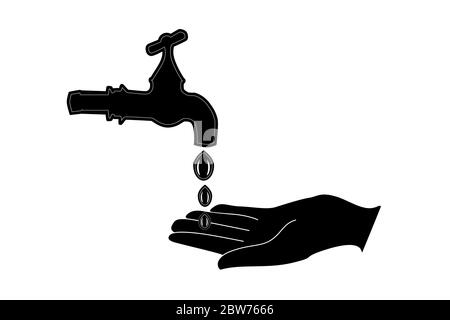 Icône de silhouette de lavage des mains. Lavage des mains sous le robinet. Laver à la main l'affiche plate.se laver les mains pour les soins personnels quotidiens.prévention contre les virus.Vector Illustration de Vecteur