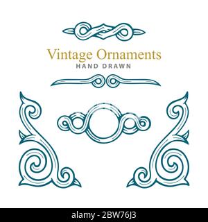 Ensemble de décorations vintage. Éléments décoratifs à motif floral vectoriel de style gravé à la main. Partie de l'ensemble. Illustration de Vecteur