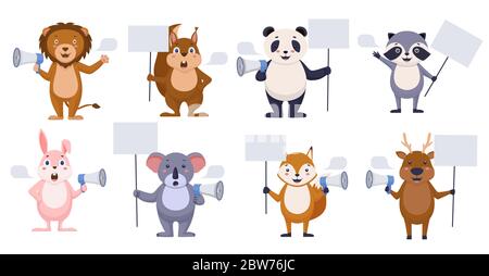 Animaux promoteurs avec bannière vierge. Joyeux animal de bande dessinée avec bulle de discours. Illustration de Vecteur