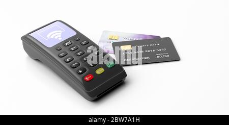 Terminal de point de vente, dispositif de paiement et cartes de crédit isolés sur fond blanc. Achat de la machine de paiement par carte NFC. illustration 3d Banque D'Images