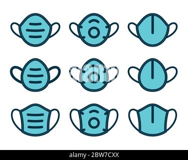 Symboles de masque médical sur fond blanc. Jeu d'icônes vectorielles contourées et pleines. Illustration de Vecteur