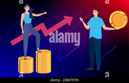 le couple discute de la croissance de l'économie sur un fond abstrait Illustration de Vecteur
