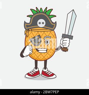 Illustration du personnage de mascotte de dessin animé de fruit d'ananas dans le style pirate et portant un chapeau et une épée Illustration de Vecteur