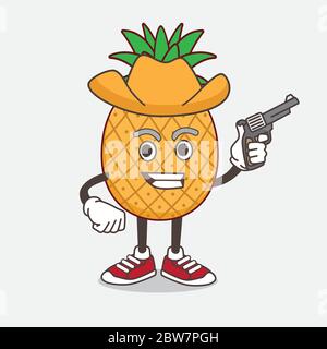 Illustration de la mascotte de personnage de dessin animé de fruit de ananas tenant un fusil Illustration de Vecteur