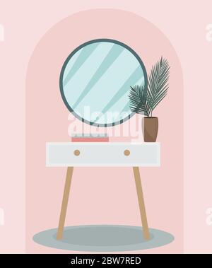 Miroir rond sur une table sur pied vintage dans la chambre. Décoration intérieure moderne et tendance. Usine dans la chambre, mobilier rétro. Illustration vectorielle Illustration de Vecteur