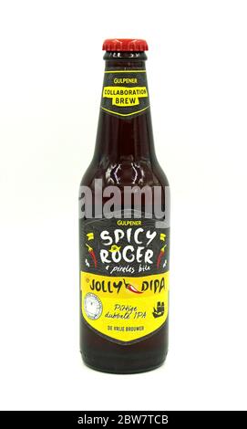 Gulpen, pays-Bas - 29 mai 2020 : bouteille de bière Gulpener Spicy Roger IPA sur fond blanc. Banque D'Images