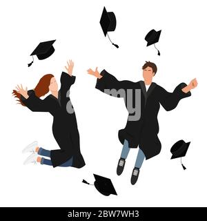 Jeunes étudiants diplômés fille et gars dans la robe de graduation sauter et jeter le mortarboard haut dans l'air. Illustration vectorielle plate isolée sur Illustration de Vecteur